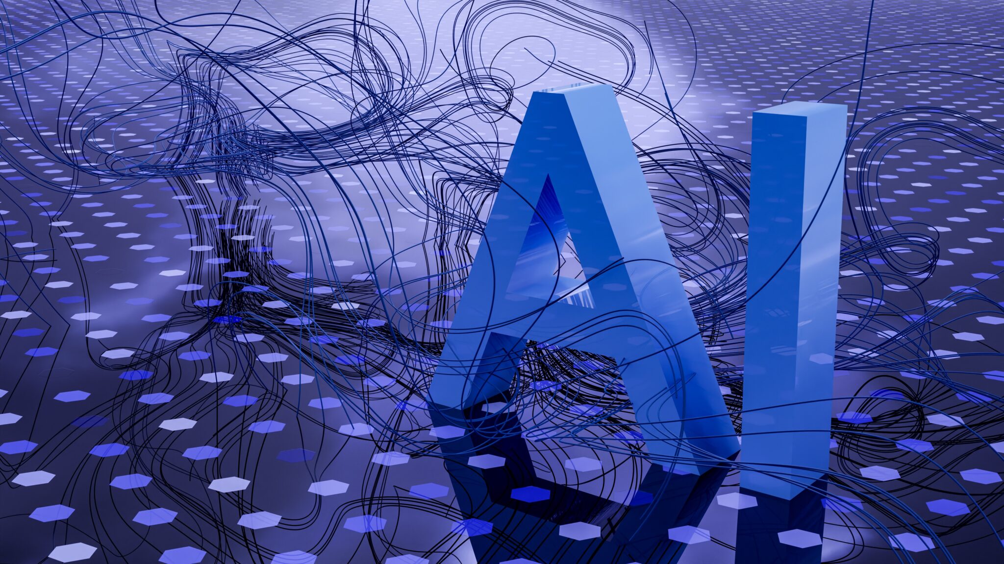 the image shows a purple background and two letters AI with wires around it