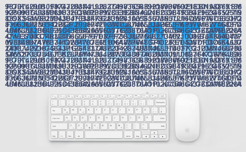 A keyboard and a computer mouse on a white table with multiple numbers and a phrase "Big Data" written above them