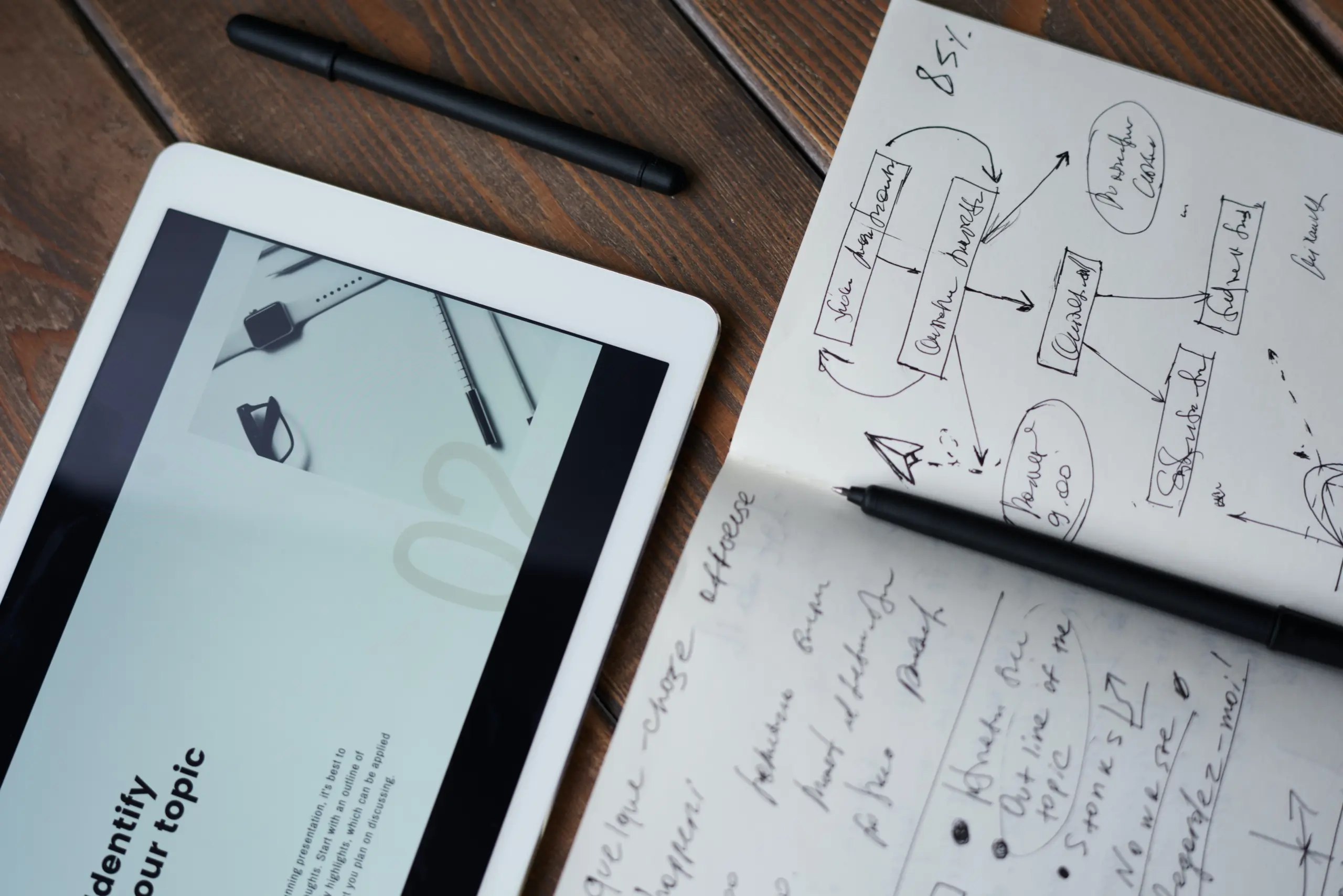 A tablet and a notebook with text - defining goals and objectives of content marketing strategy