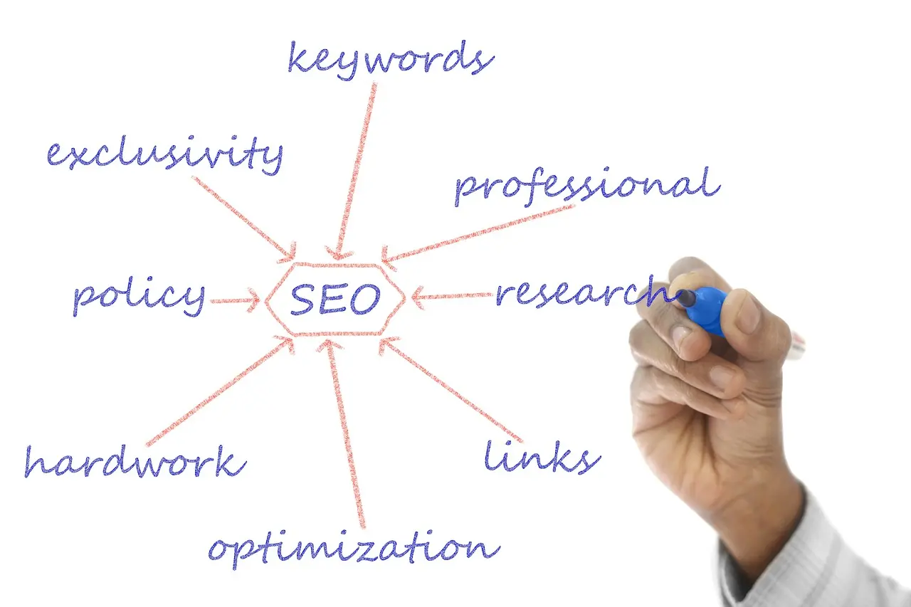 A word SEO with a hand writing its components around it