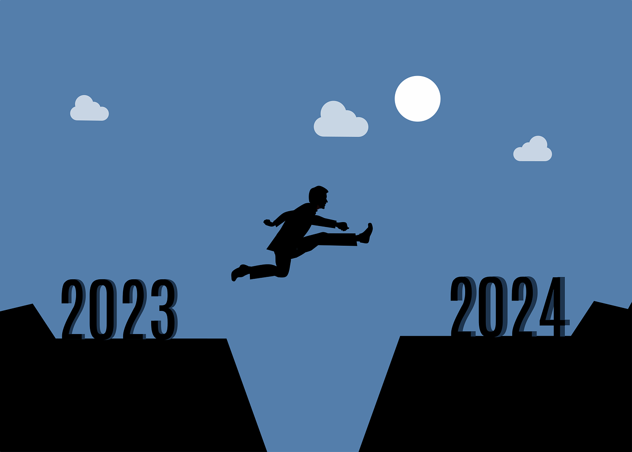 An illustration featuring digits forming '2023,' and '2024' with a boy jumping from one block of digits to another