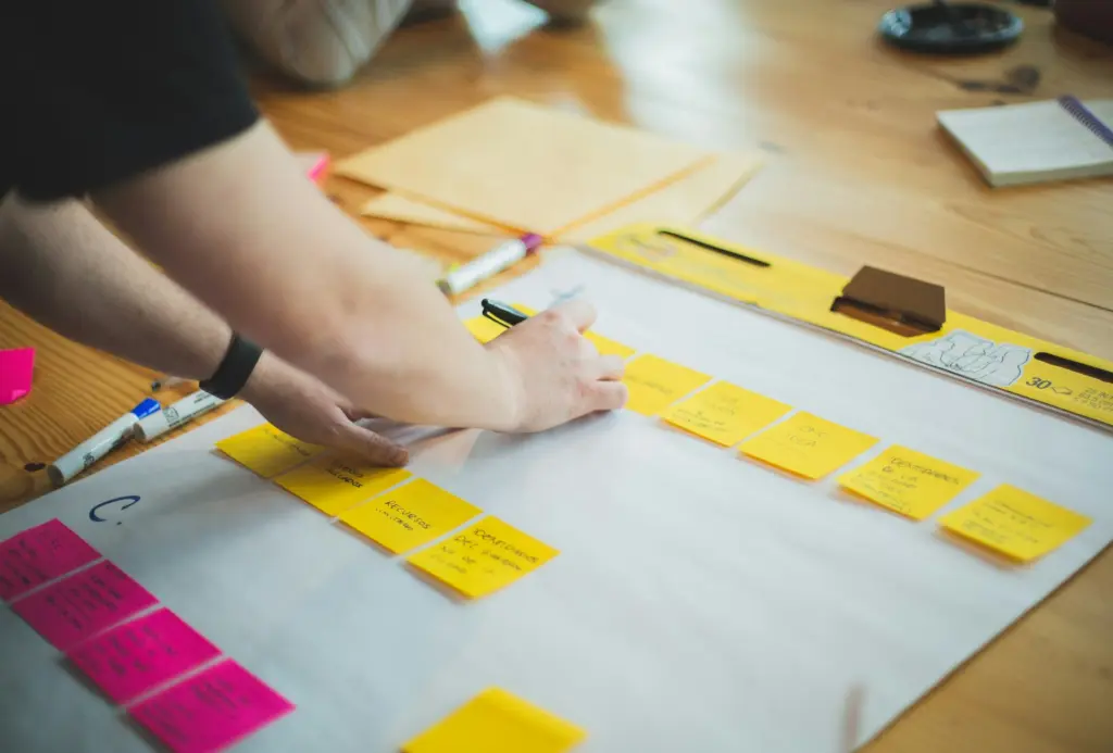 A person organizing yellow sticky notes on a whiteboard for brainstorming strategies to generate personal injury leads.