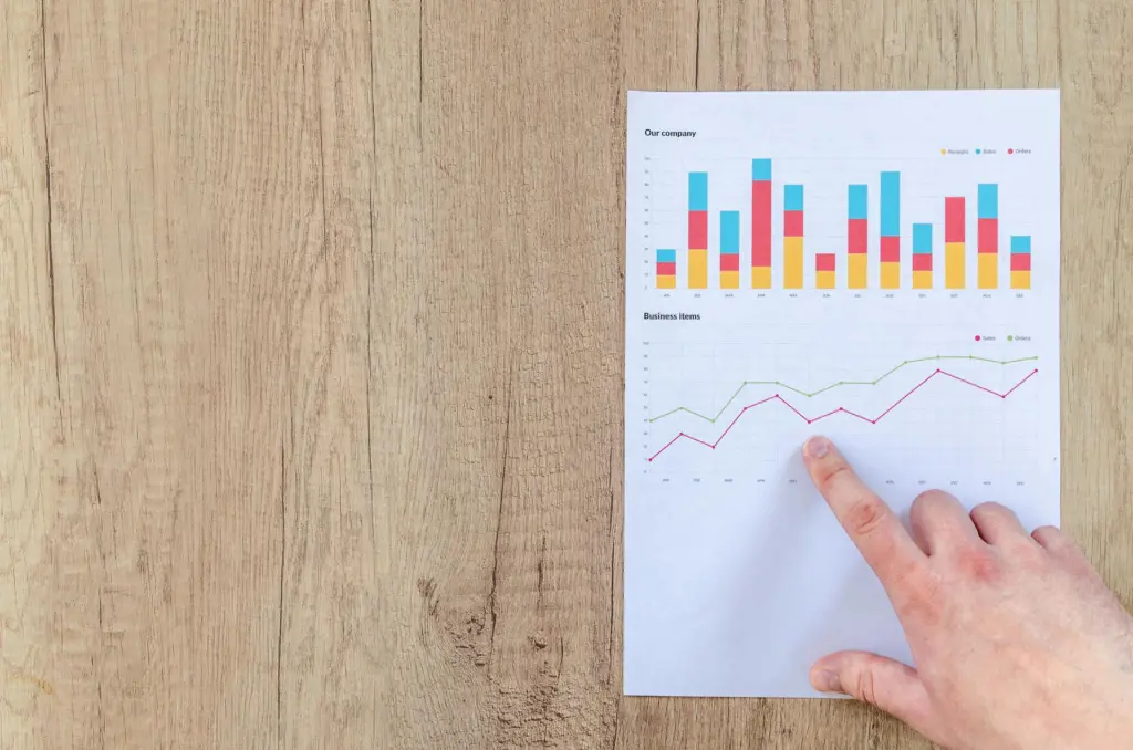 A hand points to a business trends graph on a document analyzing personal injury leads on a wooden table.