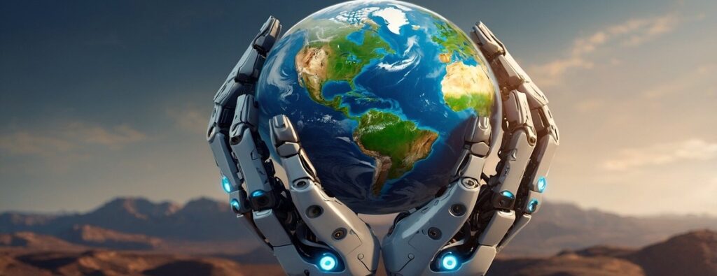 Robotic hands holding the Earth, symbolizing AI’s global influence on AI-generated content and technology.